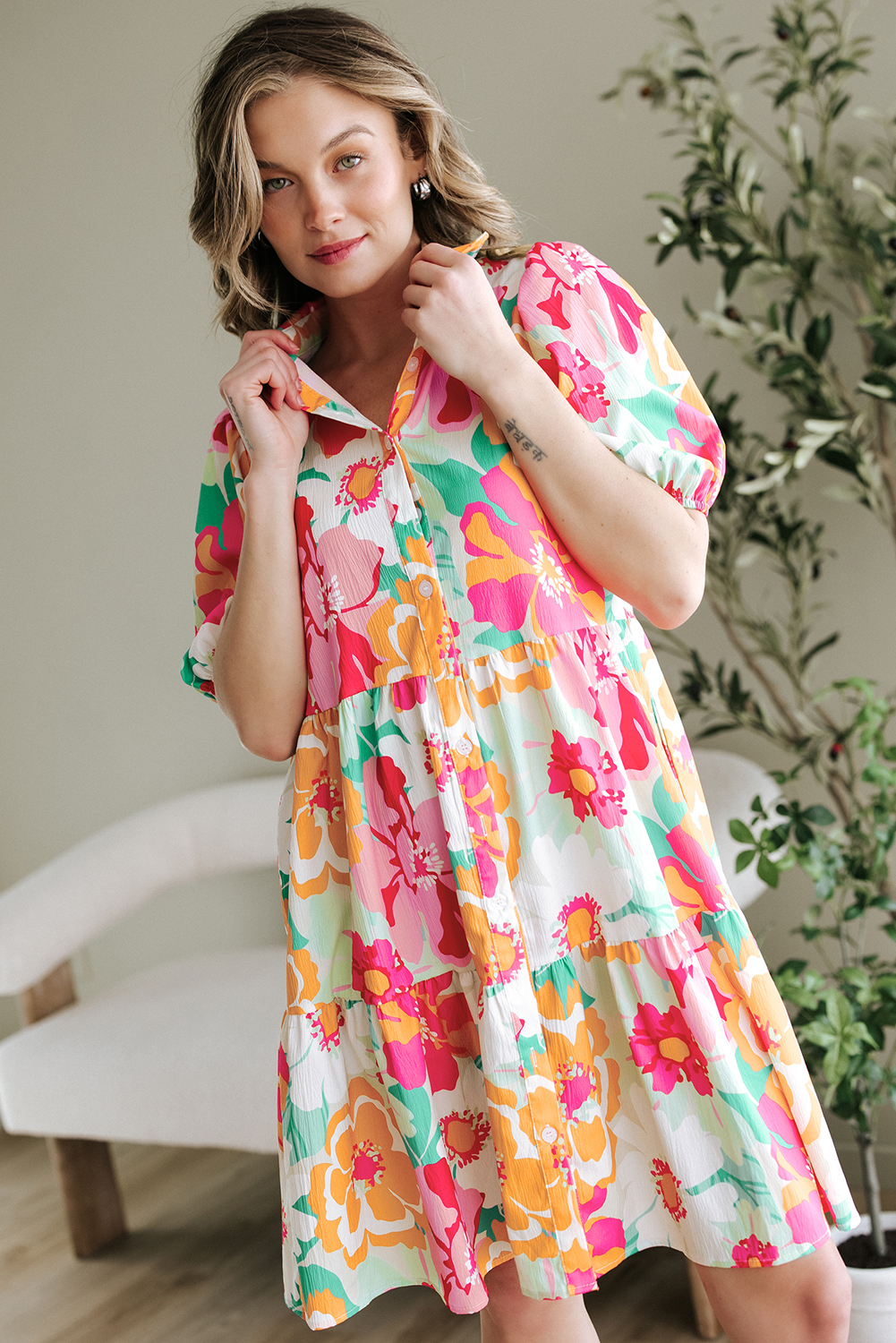 Pink Floral Puff Sleeve Collar Buttoned Babydoll Dress - Image 5