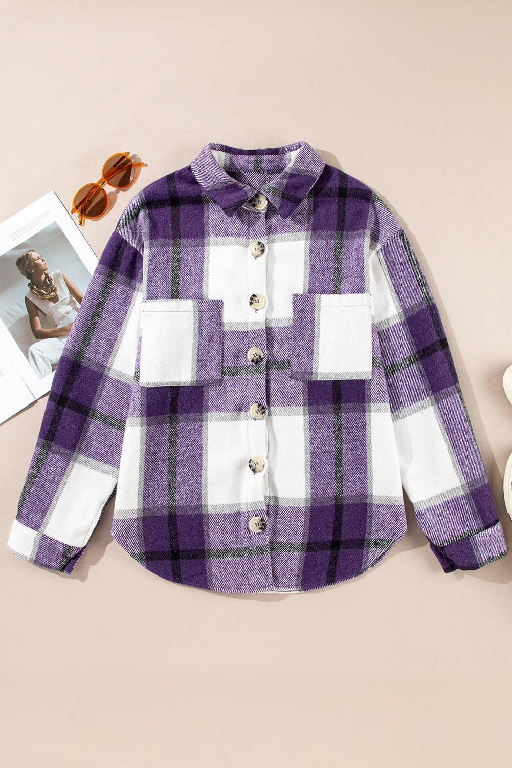 Purple Plaid Color Block Buttoned Long Sleeve Jacket with Pocket - Image 3