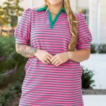 Rose Stripe Collared V Neck Puff Sleeve Shift T Shirt Dress with Pockets