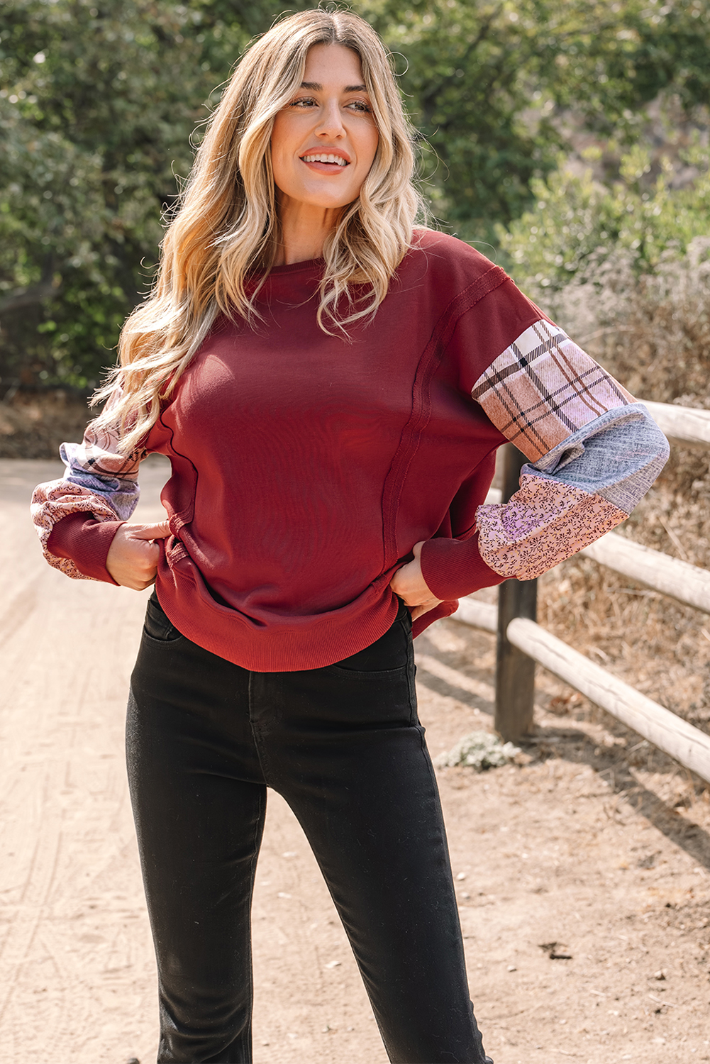 Red Sandalwood Plaid Colorblock Patchwork Sleeve Raw Seam Sweatshirt - Image 11