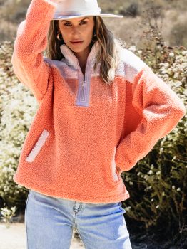 Orange Colorblock Half Zipper Stand Neck Sherpa Sweatshirt