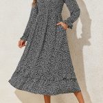 Black Floral Printed Long Sleeve Square Neck Midi Dress