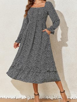 Black Floral Printed Long Sleeve Square Neck Midi Dress