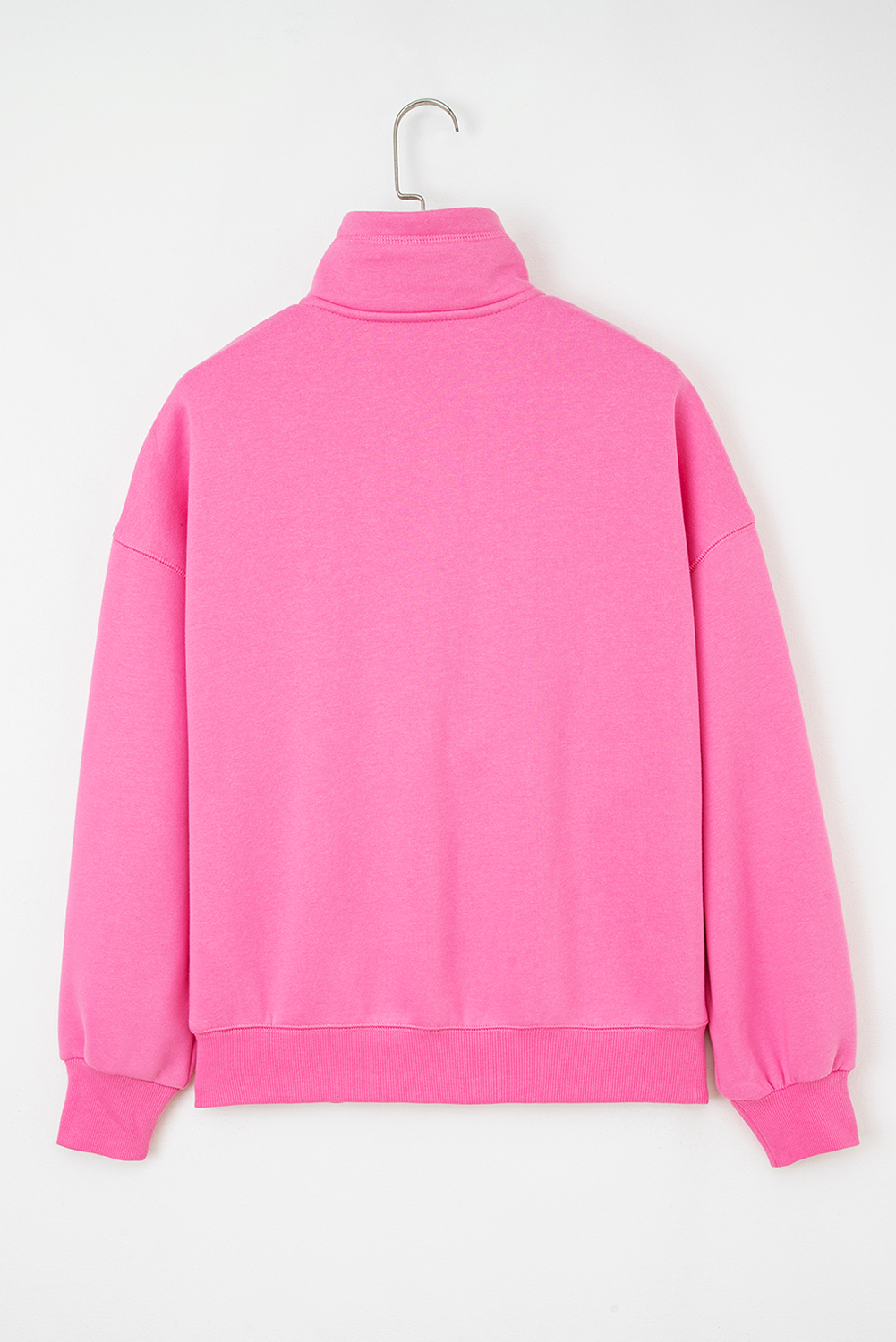Bright Pink Half Button Stand Neck Drop Shoulder Sweatshirt - Image 7