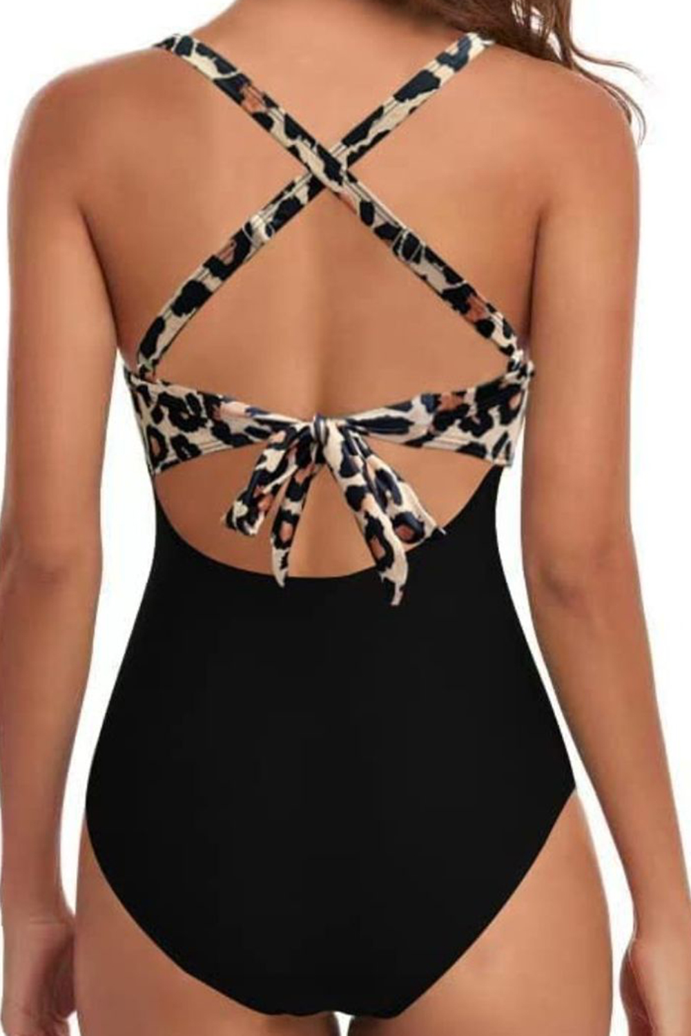 Black Leopard 2-tone Crossed Cutout Backless Monokini - Image 2