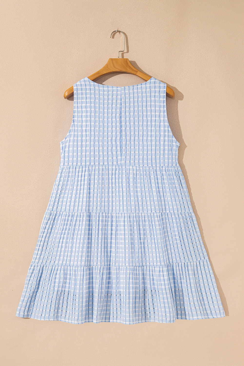 Light Blue Plaid Tiered A-line Sleeveless Mini Sundress - Image 6