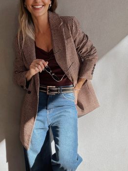 Brown Houndstooth Lapel Collar Blazer