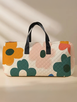 White Flower Print Quilted Large Duffel Bag