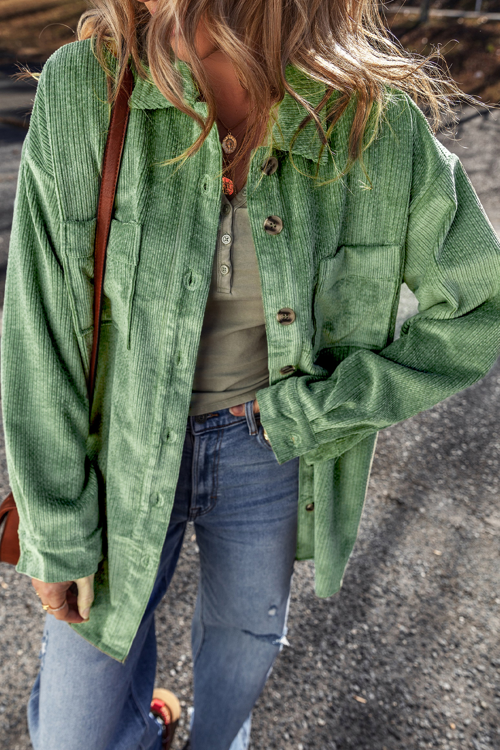 Mist Green Patched Pocket Button Up Corduroy Shacket - Image 5