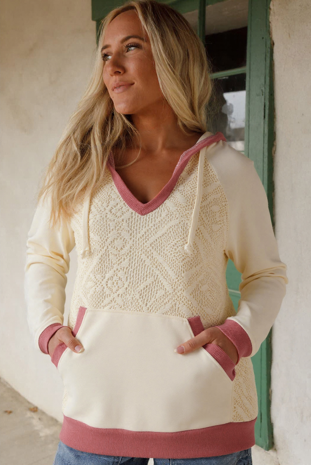 White Contrast Trim Crochet Knit Patchwork Exposed Seam Hoodie - Image 6