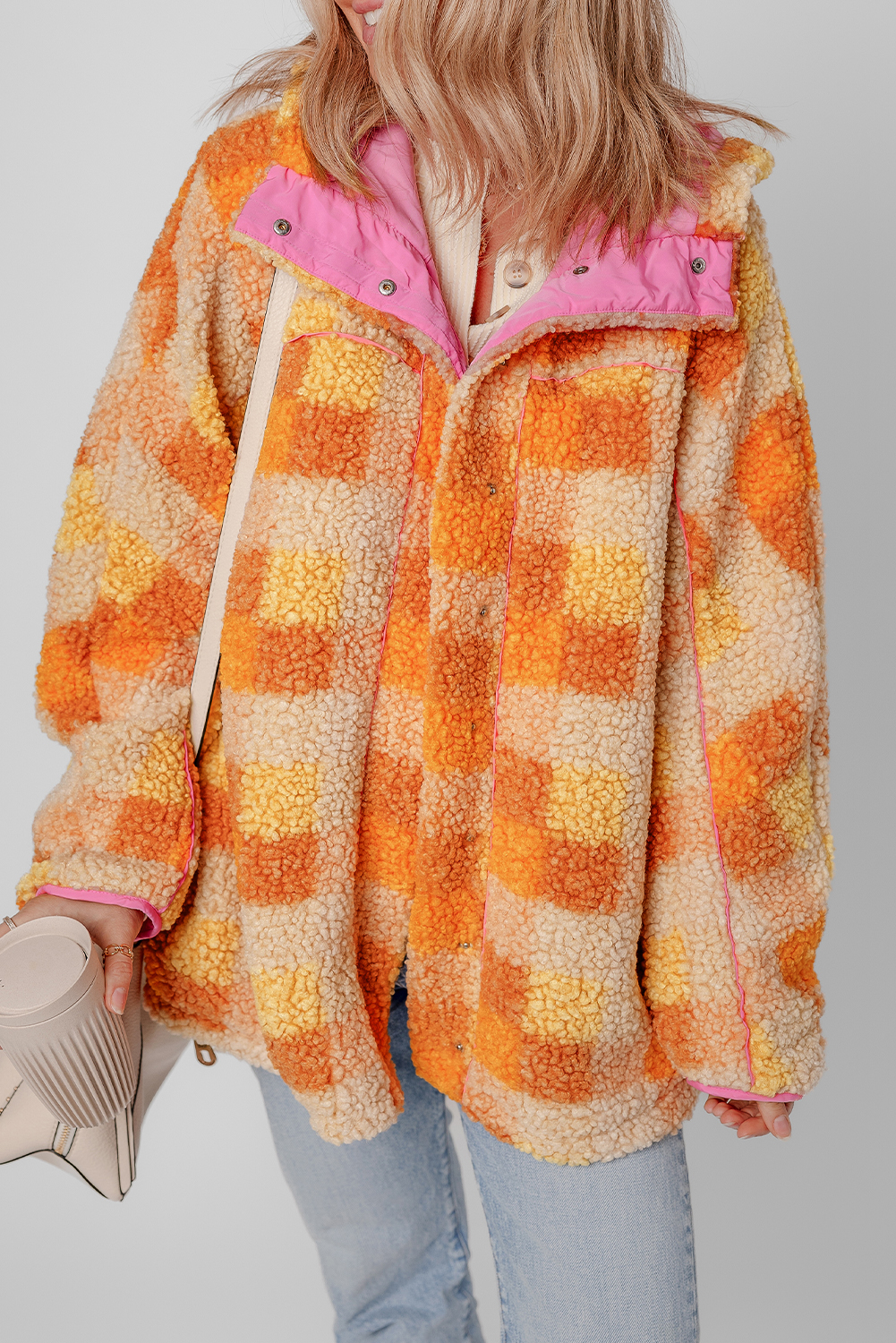 Orange Checkered Sherpa Hooded Jacket - Image 5
