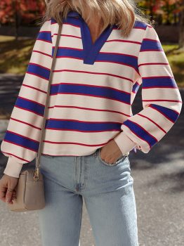 Blue Stripe Color Block Polo Pullover Sweatshirt