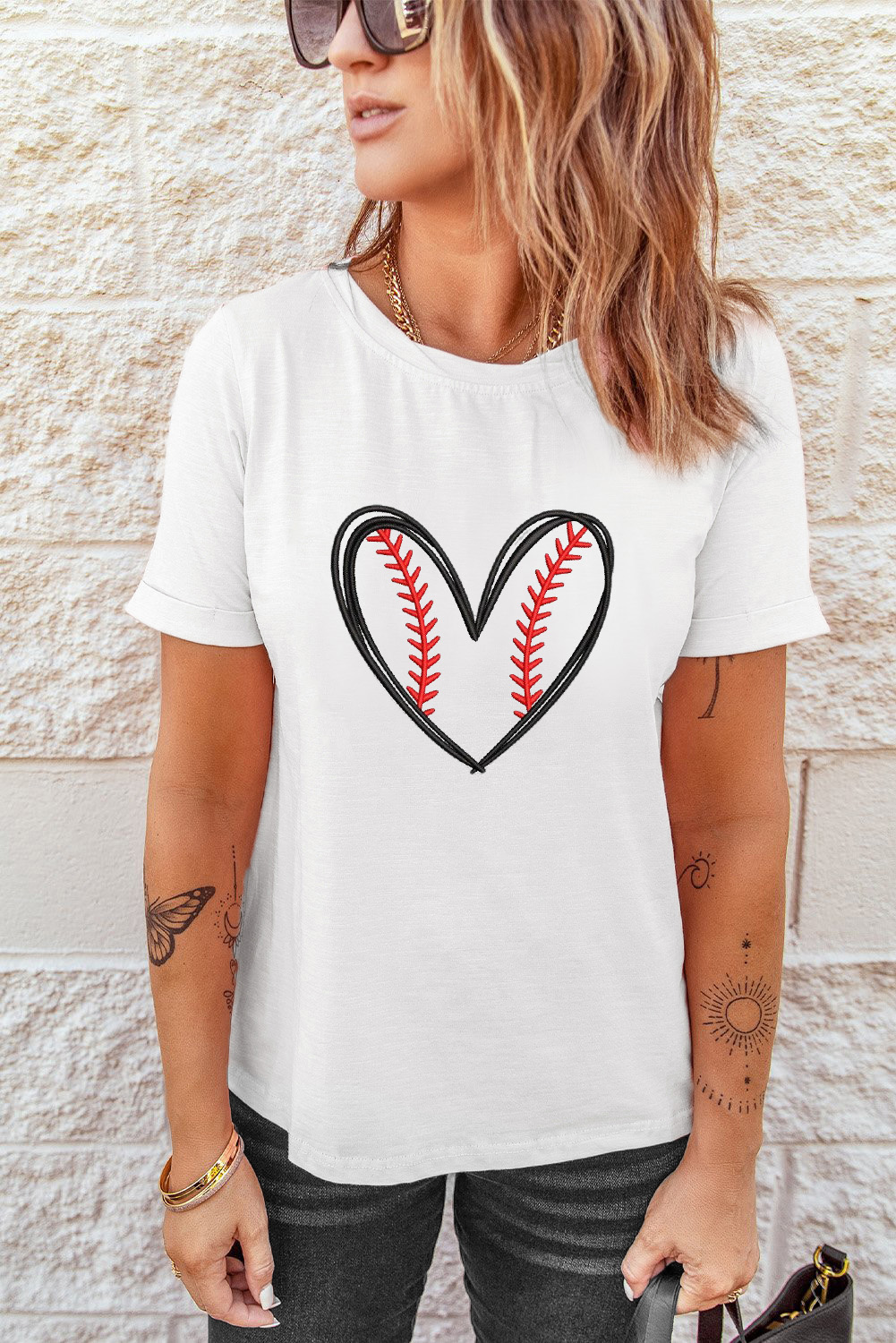 White Baseball Heart Shape Embroidery Graphic Tee - Image 6