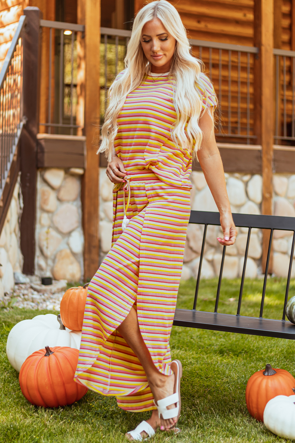 Yellow Stripe Rainbow Tee Tasseled String Wide Leg Pants Set - Image 4