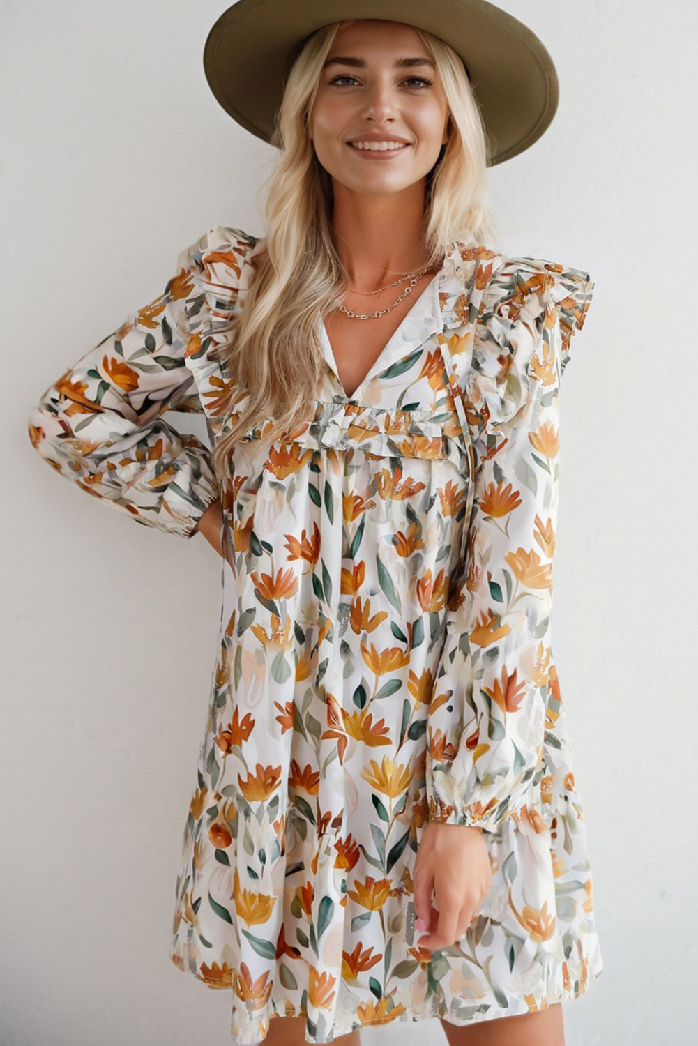 Yellow Floral Print Tie Neck Frilled Detail Long Sleeve Mini Dress - Image 5