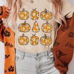 Khaki Floral Pumpkin Print Casual T Shirt