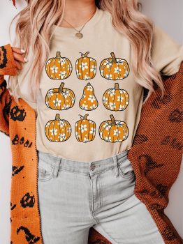 Khaki Floral Pumpkin Print Casual T Shirt