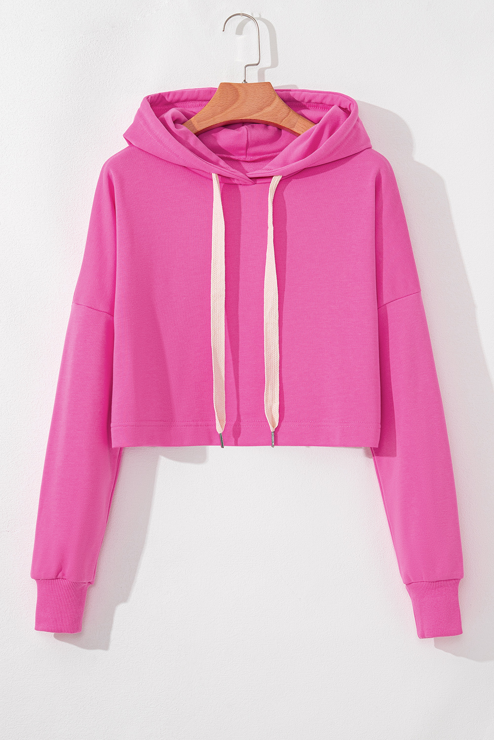 Sachet Pink Solid Drop Shoulder Drawstring Cropped Hoodie - Image 4