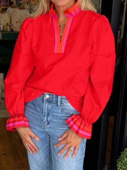 Fiery Red Striped Trim Ruffle Split Neck Long Sleeve Blouse