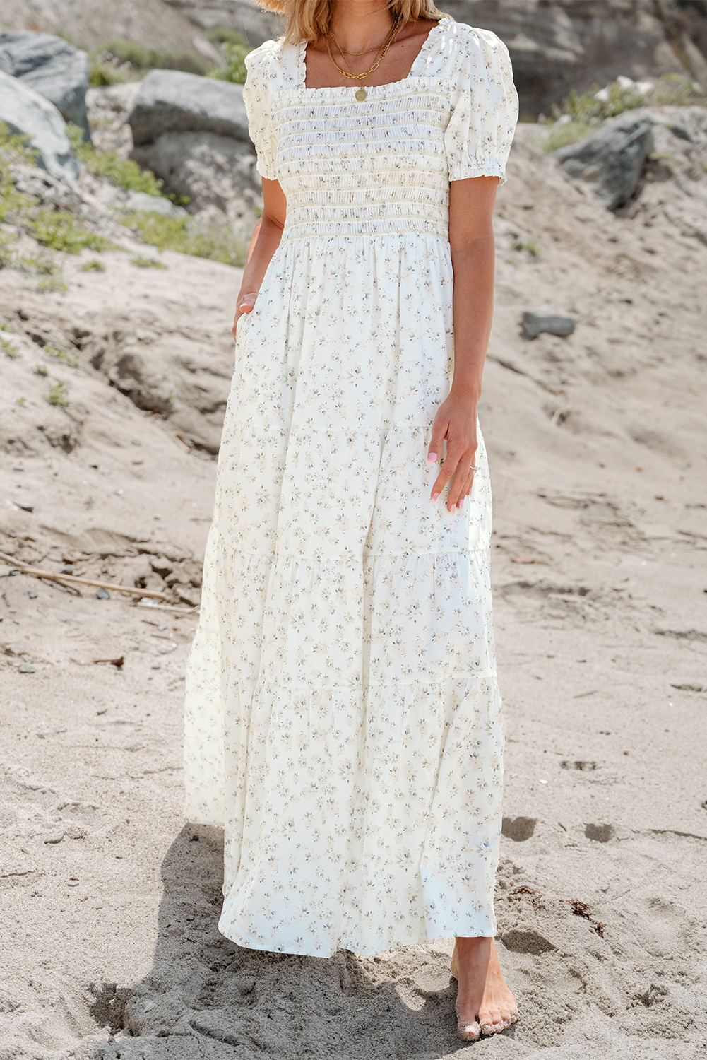 White Frilly Shirred Bodice Tiered Floral Maxi Dress - Image 7