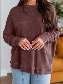 Dark Brown Waffle Knit Patchwork Long Sleeve Loose Top