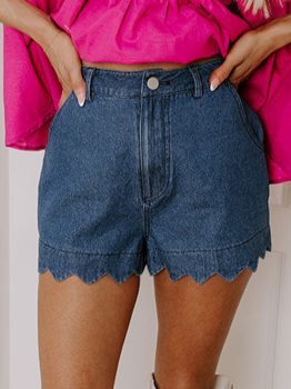 Sail Blue Scalloped Hemline Acid Wash High Waist Denim Shorts