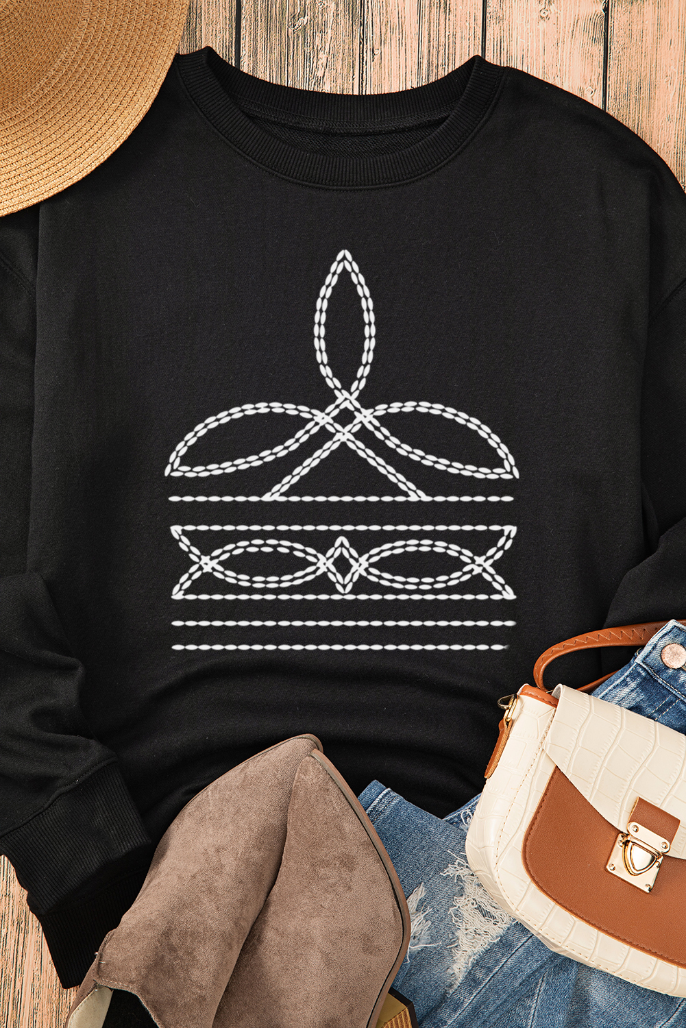 Black Western Pattern Print Round Neck Pullover Sweatshirt - Image 7