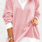 Peach Blossom Corded Colorblock Drop Shoulder Loose Top