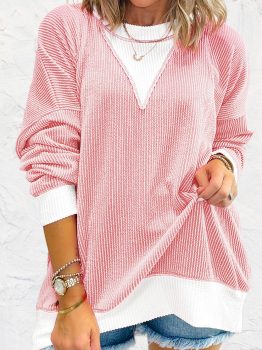 Peach Blossom Corded Colorblock Drop Shoulder Loose Top