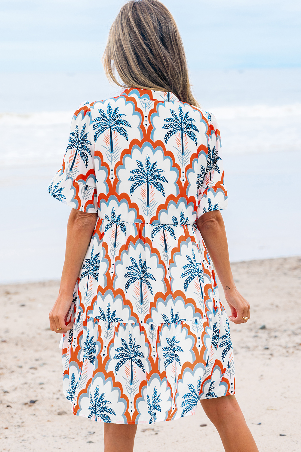 Orange Contrast Palm Tree Printed Short Sleeve Flowy Dress - Image 2