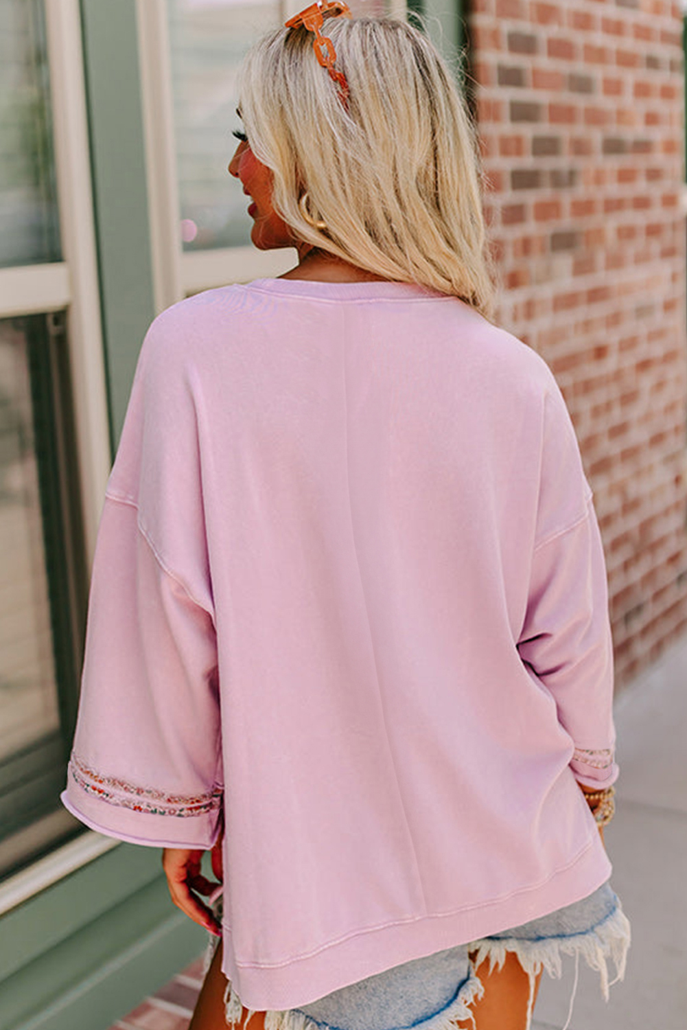 Light Pink Floral Peace Sign Graphic Drop Shoulder Wide Sleeve Casual Top - Image 2