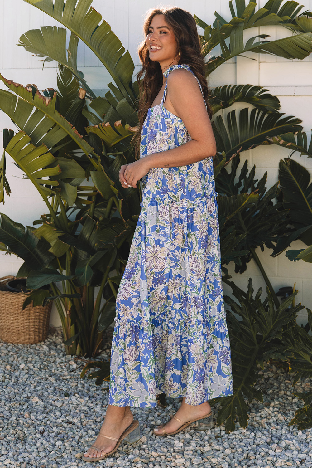 Sky Blue Floral Print Self-tie Straps Flowy Ruffle Long Dress - Image 4