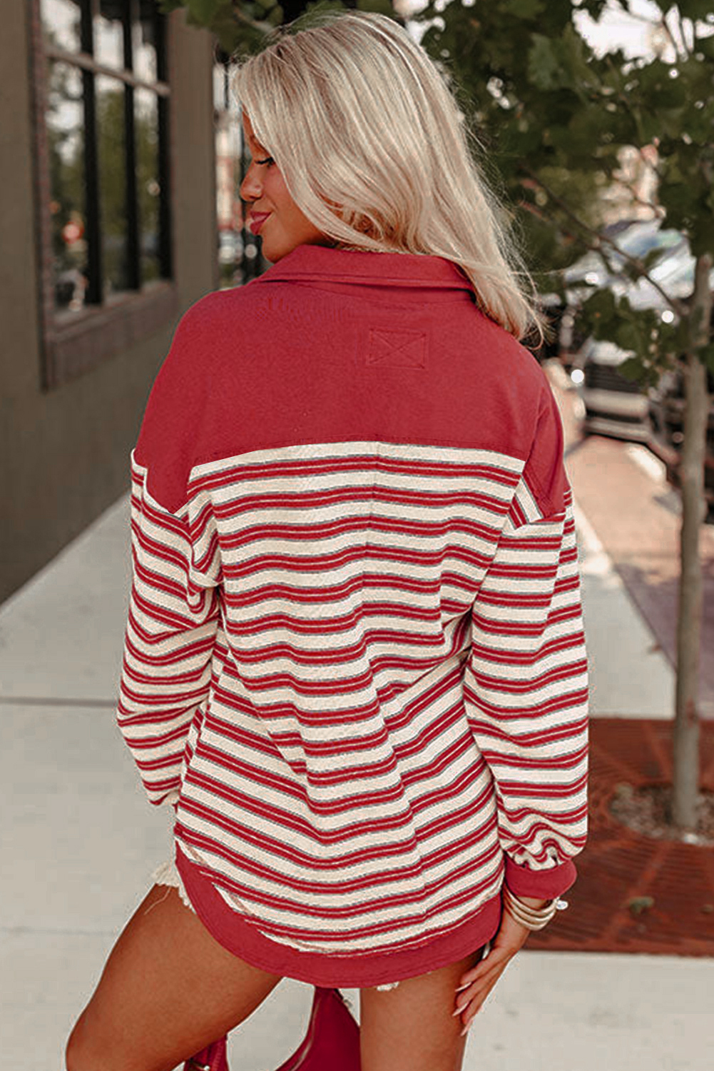 Red Stripe Buttoned V Neck Collared Drop Shoulder Top - Image 2