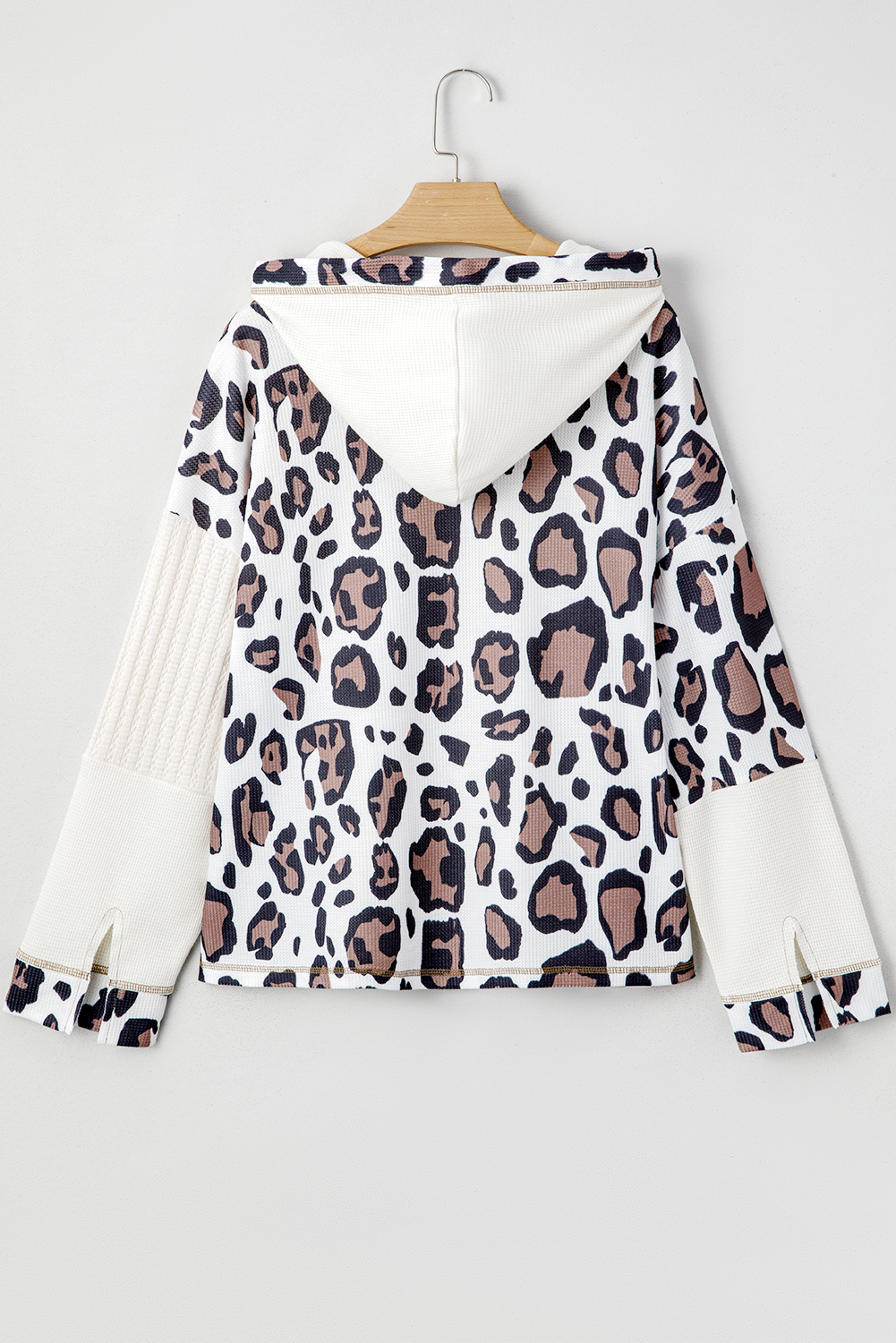Apricot Oversized Leopard Contrast Mixed Texture Patchwork Zip Up Drop Shoulder Hoodie - Image 4