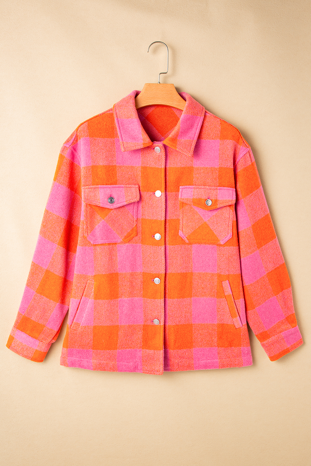 Orange Plaid Chest Pockets Button-up Turn Down Collar Jacket - Image 6