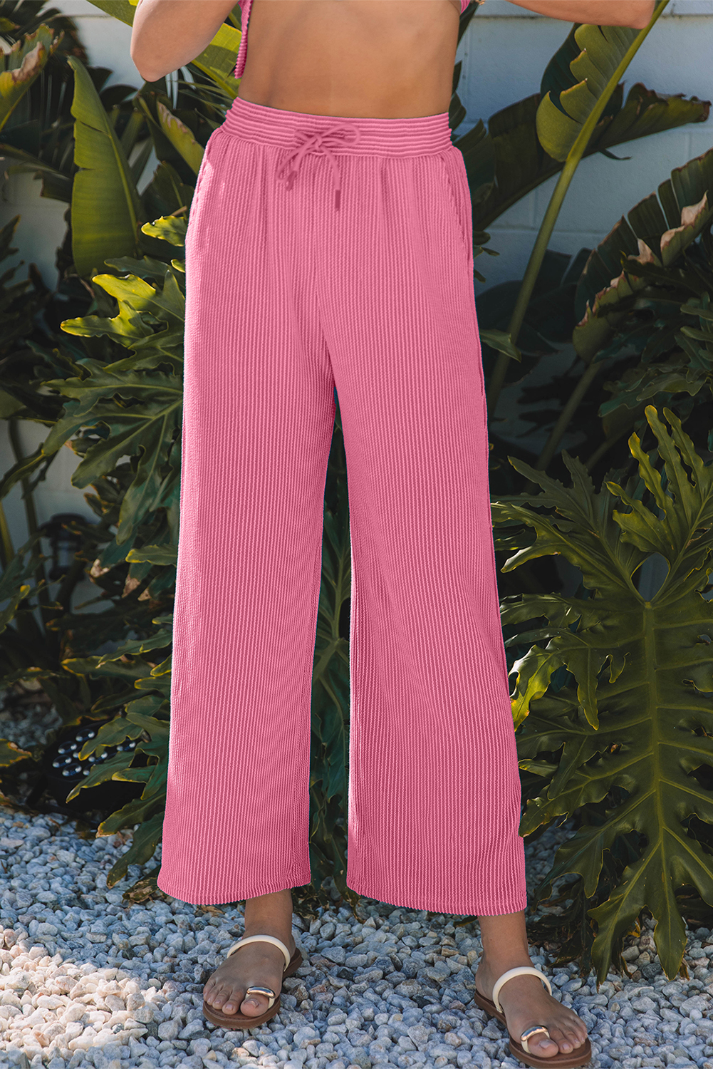 Bright Pink Solid Corded Knit Short Sleeve T Shirt and Wide Leg Pants Set - Image 5