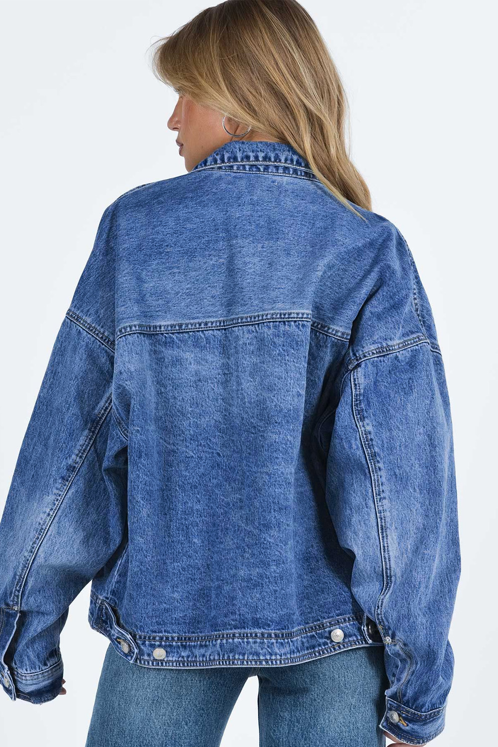 Blue Chest Pockets Drop Shoulder Loose Denim Jacket - Image 2