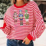 Red Stripe Christmas Nutcracker Sequin Patched Drop Shoulder Top