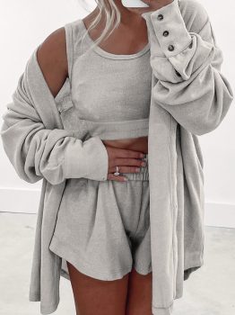 Gray 3 Pcs Crop Tank Top Shorts with Cardigan Lounge Set