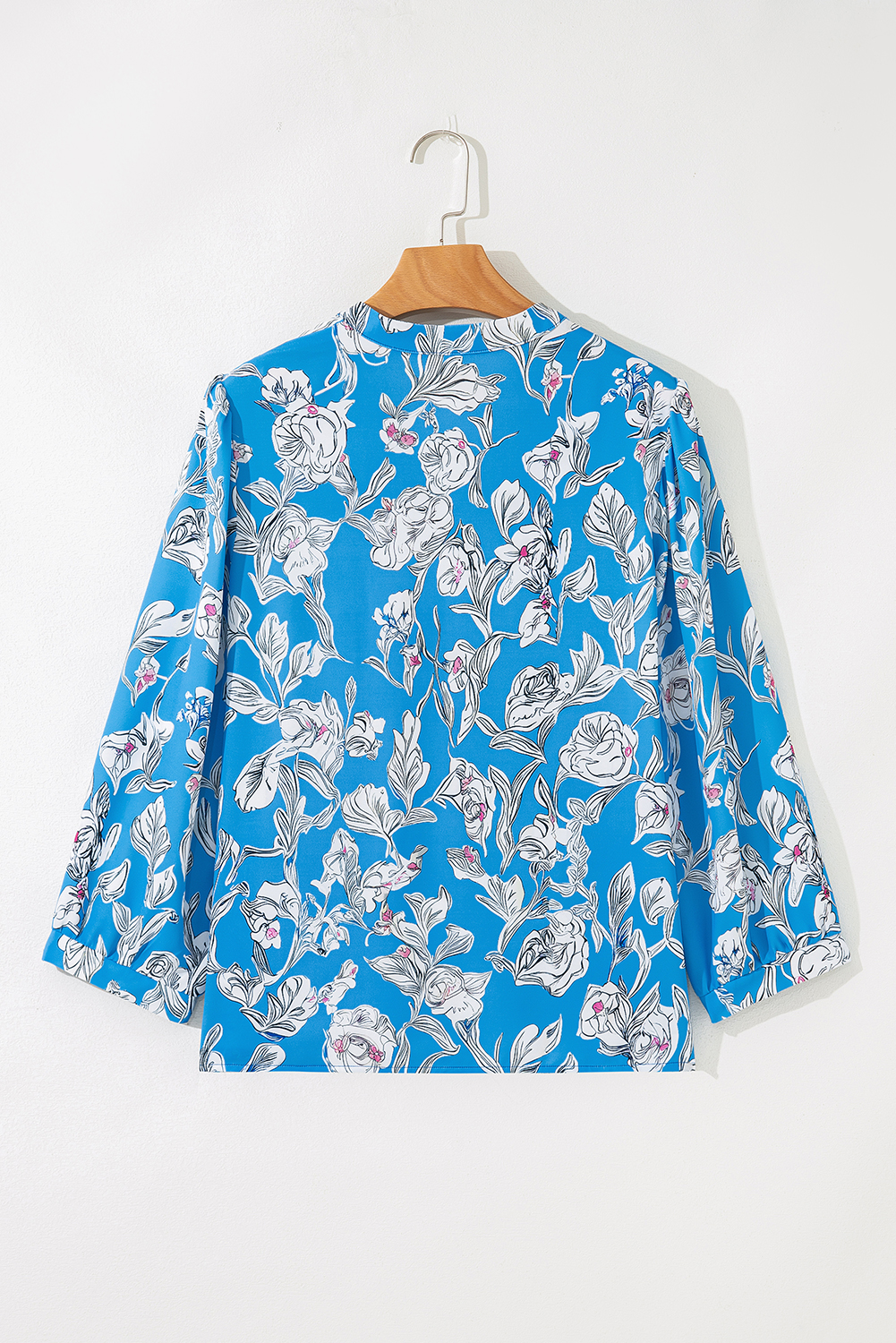 Sky Blue V Neck Floral Print 3/4 Puff Sleeve Blouse - Image 4