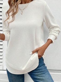 White Rounded Hem Waffle Long Sleeve Top