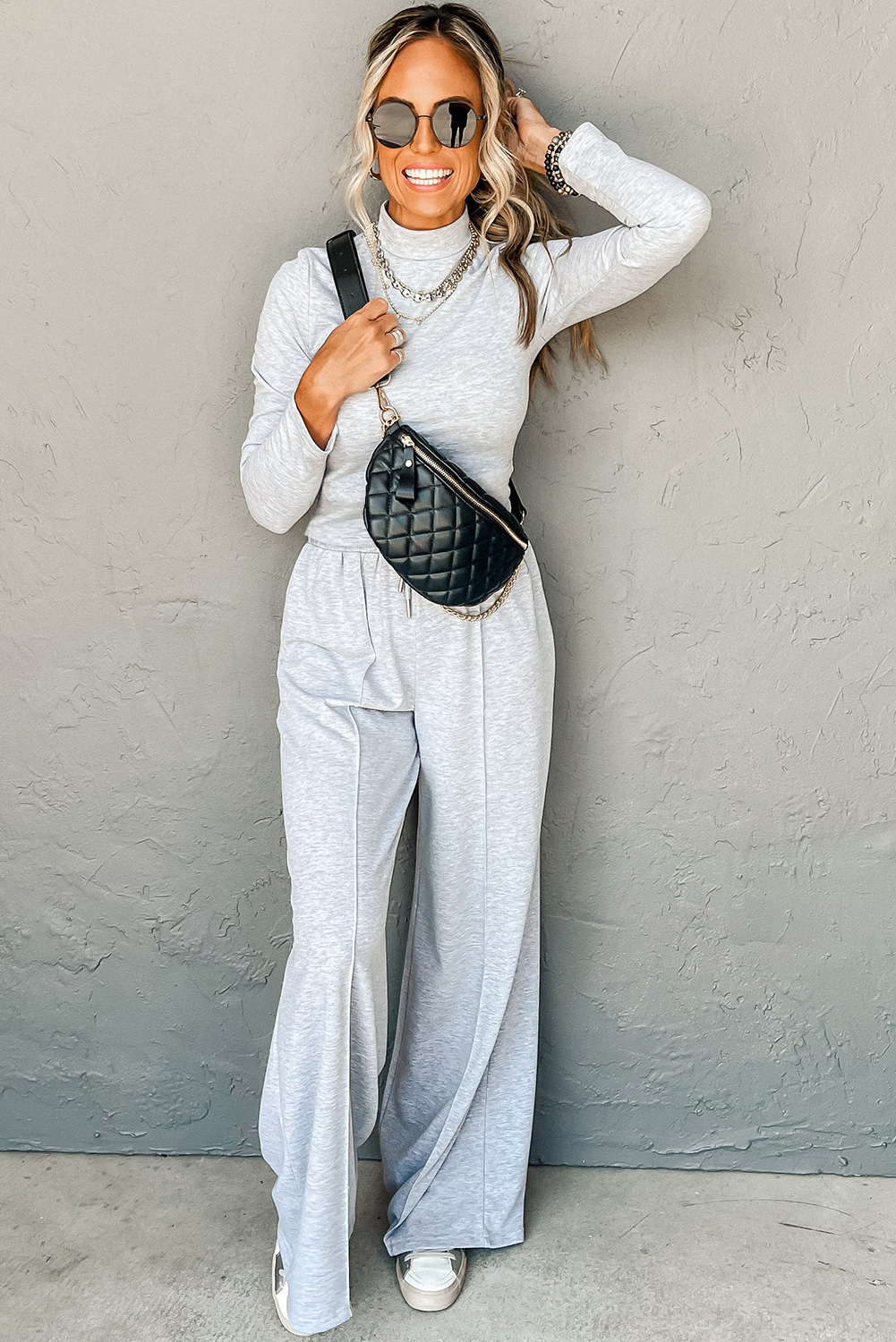 Light Grey Long Sleeve High Neck Slim Top Smocked Waist Central Seam Pants Set - Image 4