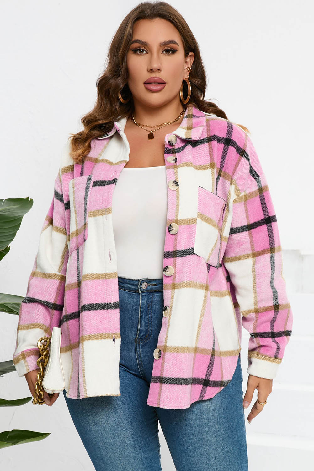 Pink Plaid Color Block Buttoned Long Sleeve Jacket with Pocket - Image 6