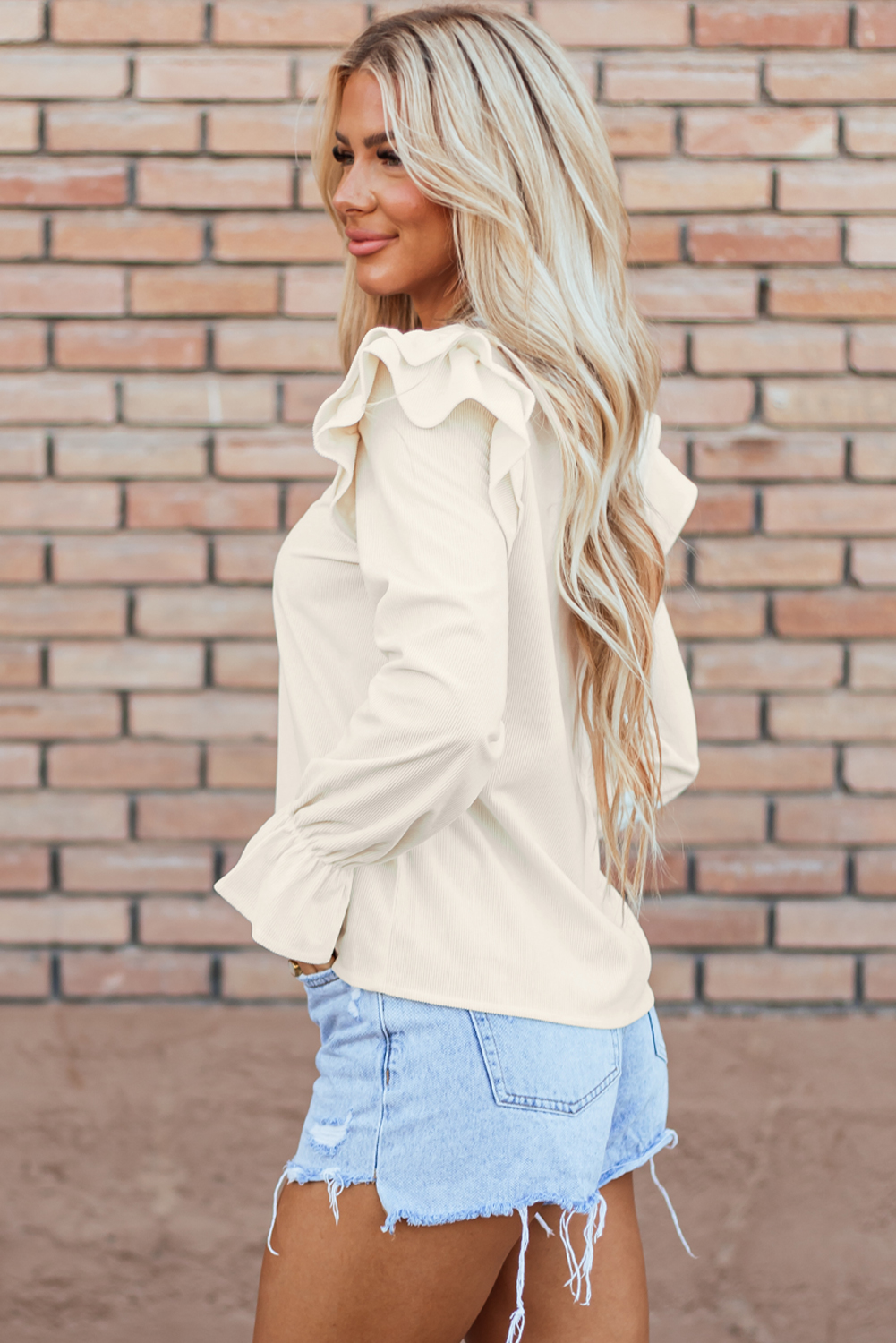 Beige Ruffled Flounce Sleeve Corduroy Blouse - Image 3
