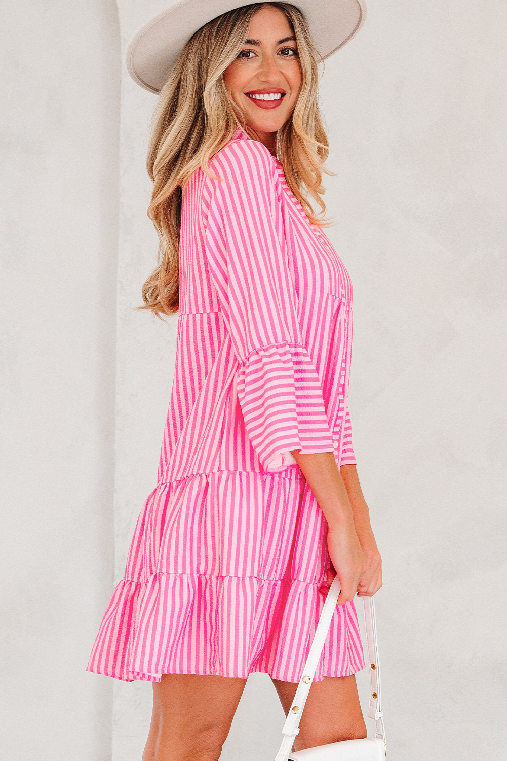 Pink Stripe Flare Sleeve Half Placket Tiered Flowy Mini Dress - Image 3