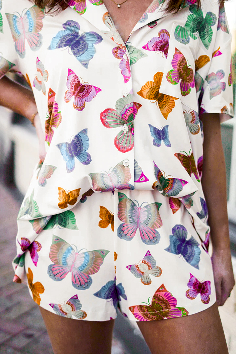 Multicolour Butterfly Pattern Short Sleeve Shirt Pajamas Set - Image 2