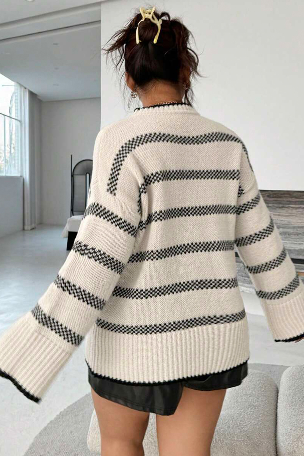 Apricot Stripe Wide Sleeve Drop Shoulder Crew Neck Plus Sweater - Image 2