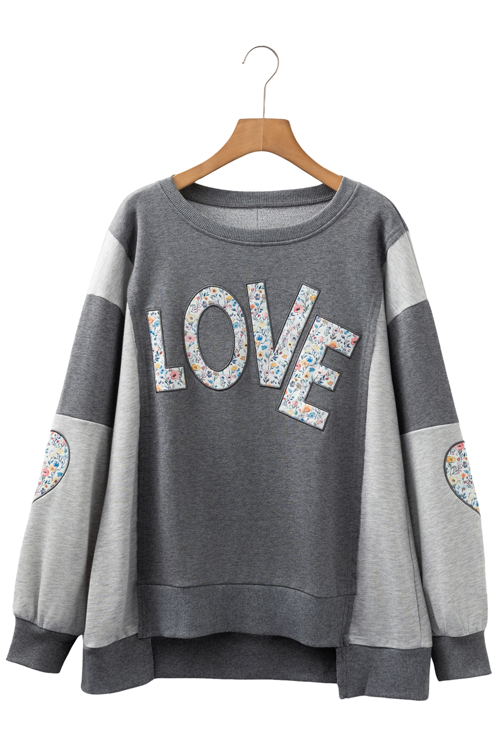 Dark Grey LOVE Graphic Exposed Seam Patchwork Uneven Hem Chic Sweatshirt - Image 14