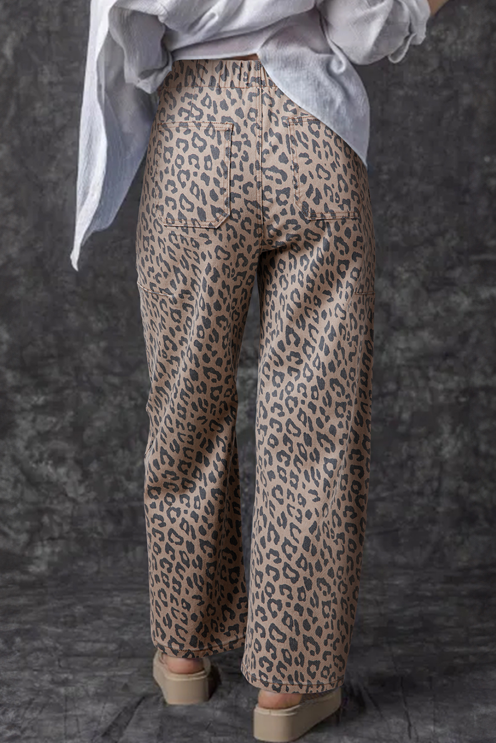Khaki Leopard Printed Drawstring Elastic Waistband Pocketed Wide Leg Jeans - Image 2