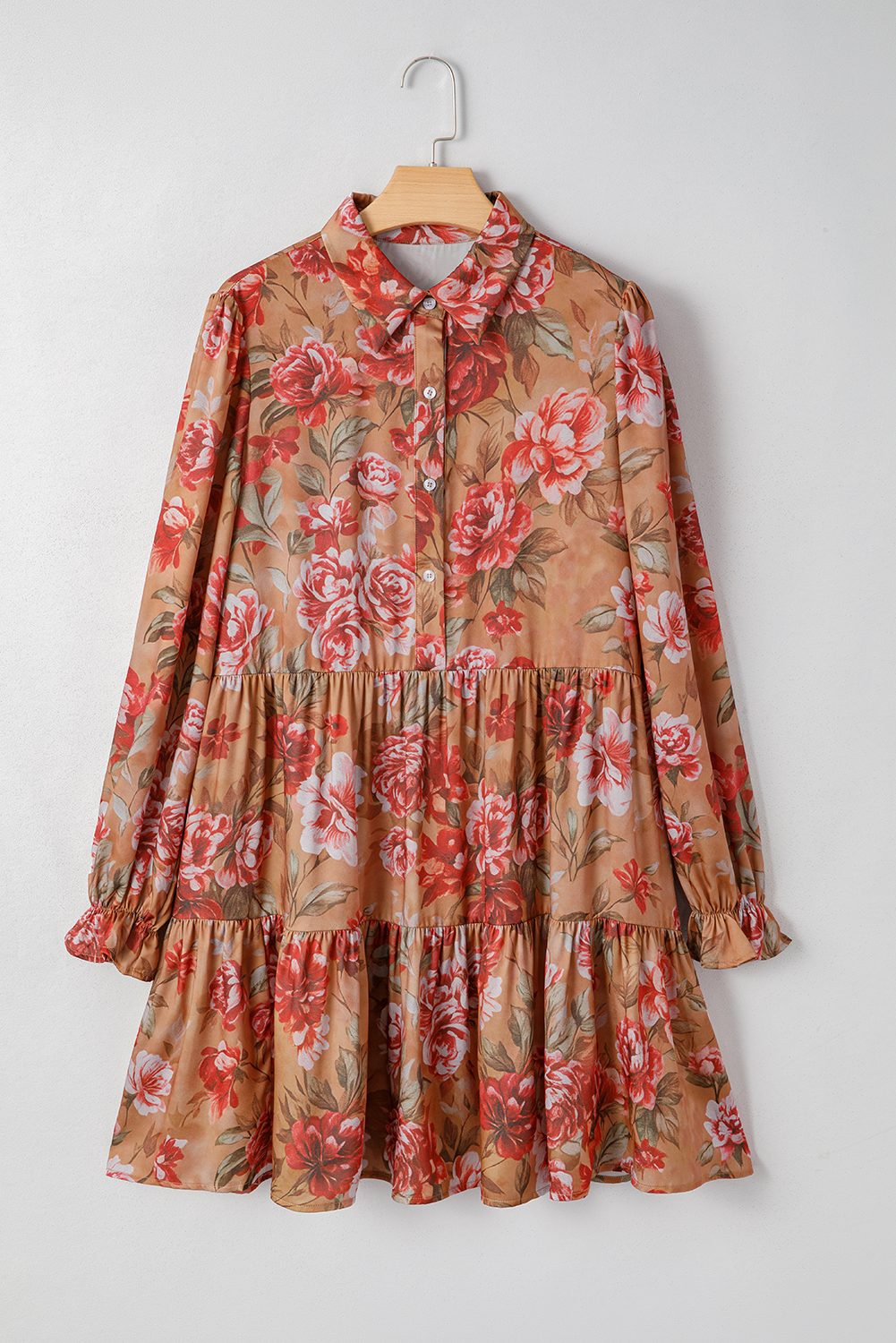 Brown Vintage Floral Print Shirt Style Half Button Long Sleeve Ruffle Mini Dress - Image 4
